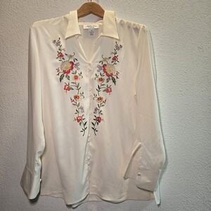 Vtg Cream Ivory Soft Judith Hart Button Blouse Shirt Embroidered 90s Style Sz 14